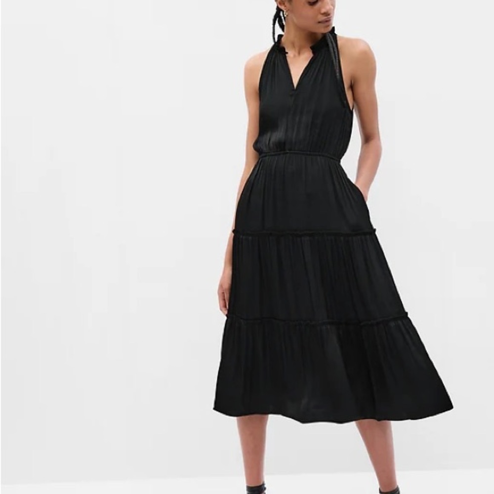Gap black satin dress, tiered